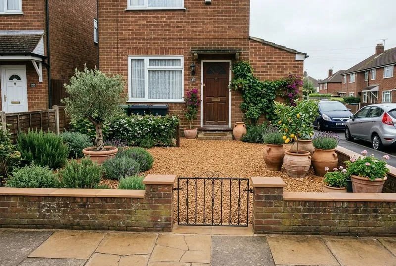 A front garden redesigned in the Mediterranean garden style