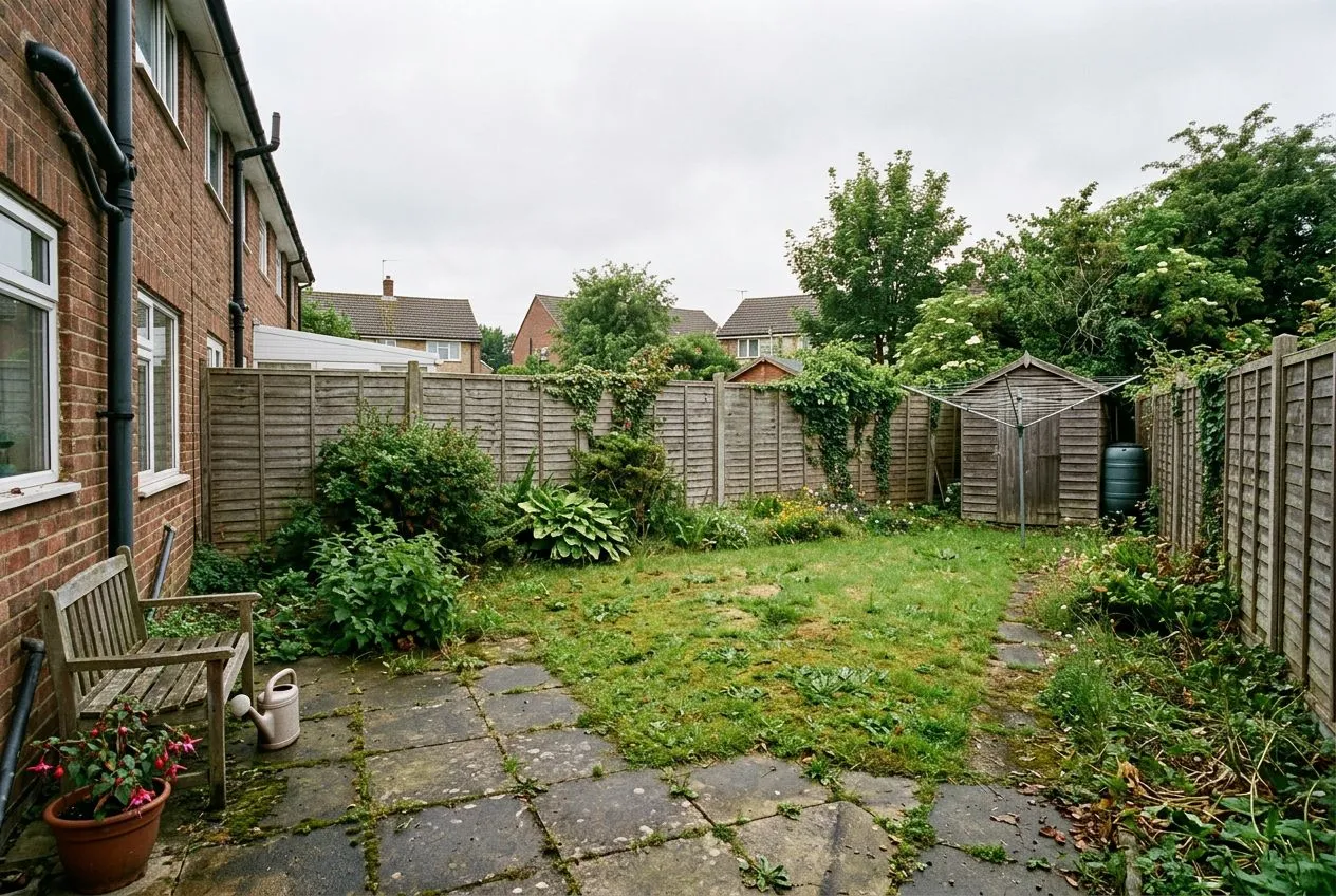 A plain garden before its AI redesign