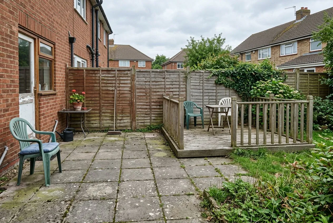 A plain patio & decking before its AI redesign
