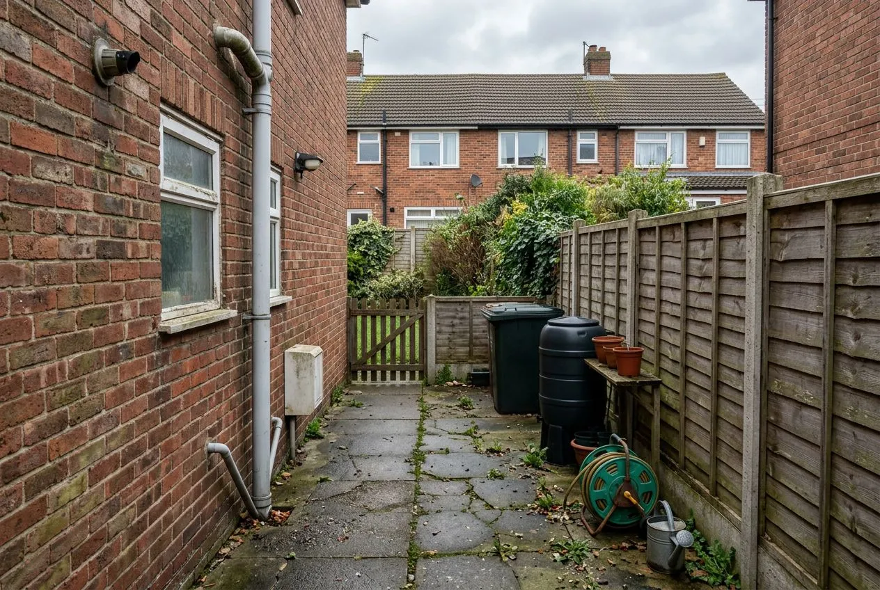 A plain side garden before its AI redesign