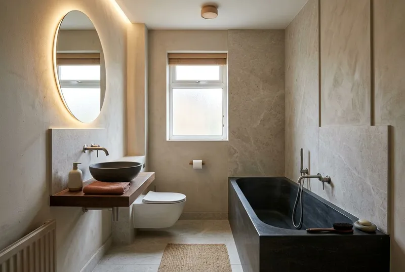 Bathroom redesigned in the Japandi interior style