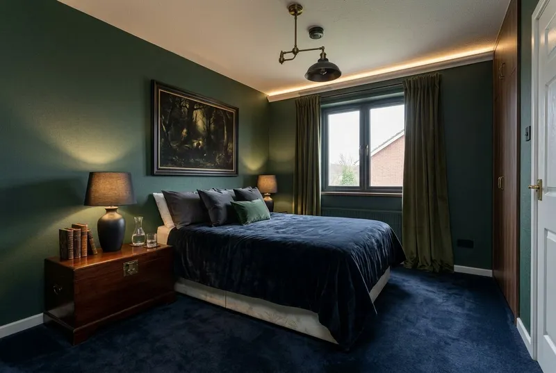 Bedroom redesigned in the Dark & Moody interior style