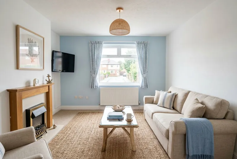Living Room redesigned in the Coastal interior style